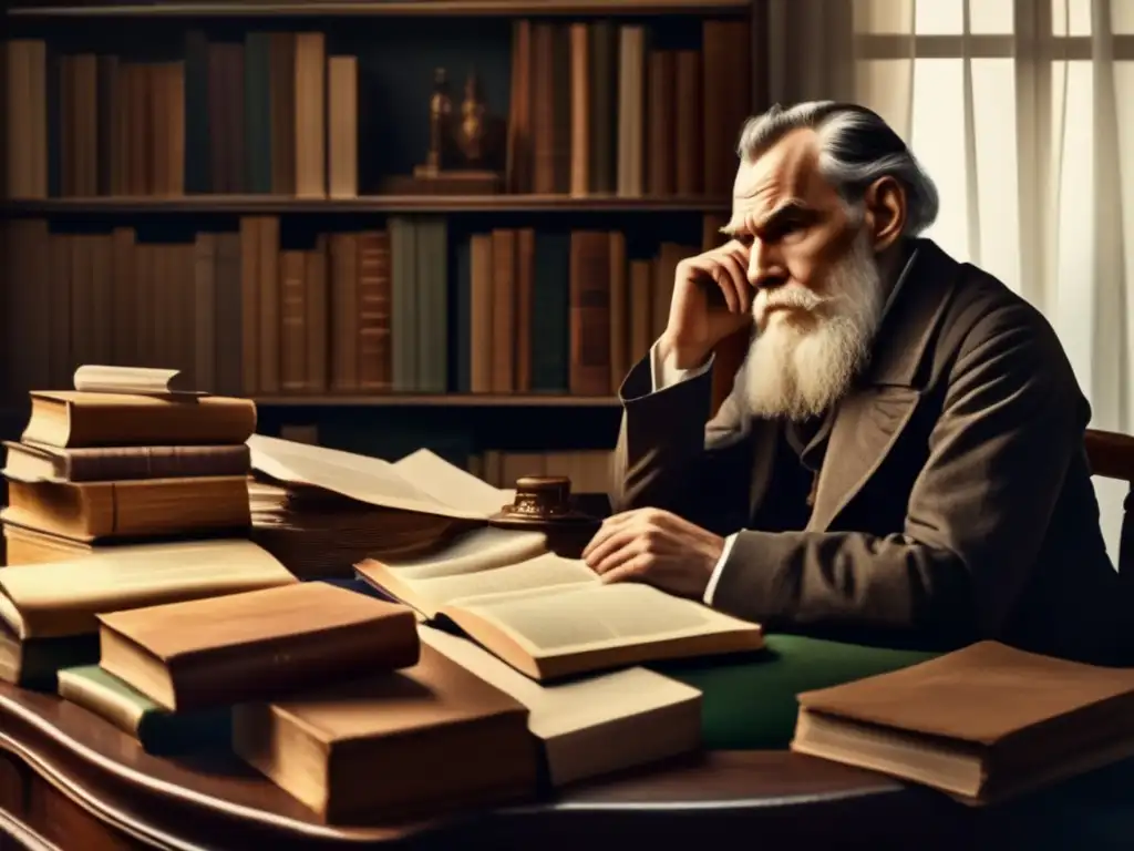 Leo Tolstoy reflexiona en su escritorio, rodeado de libros y papeles, con una expresión contemplativa