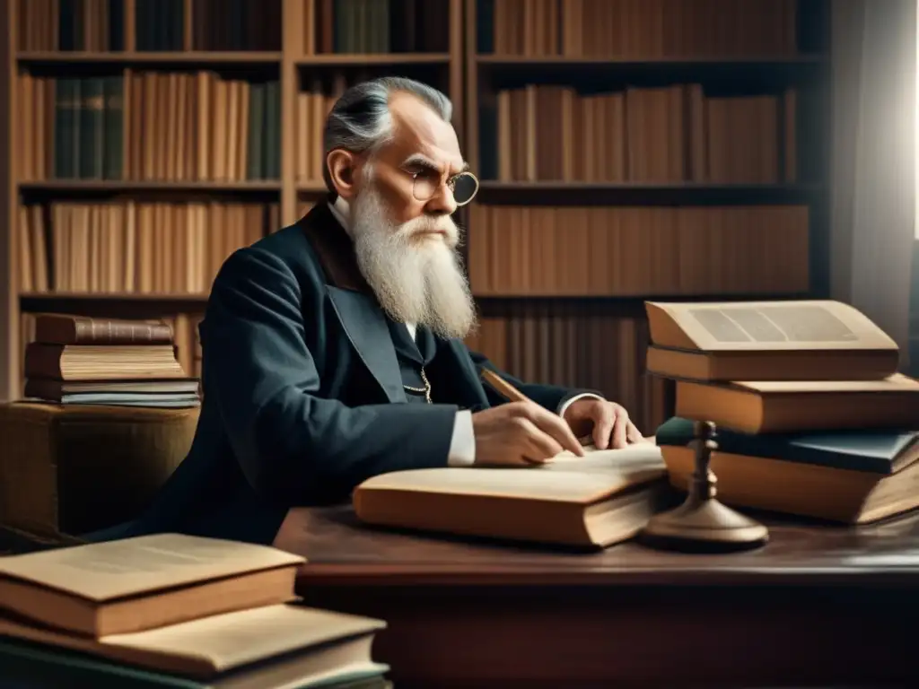 Leo Tolstoy lucha interior entre fe y literatura, rodeado de libros y manuscritos, con intensidad en la mirada