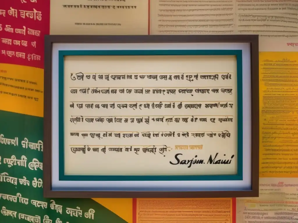 Una toma detallada de un poema manuscrito de Sarojini Naidu, rodeado de coloridos carteles políticos de la independencia de la India