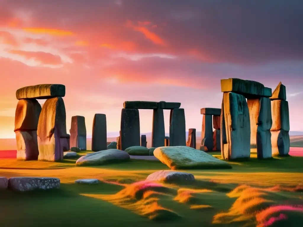 Stonehenge al amanecer, con tonos naranjas y rosados pintando el cielo detrás de las antiguas piedras