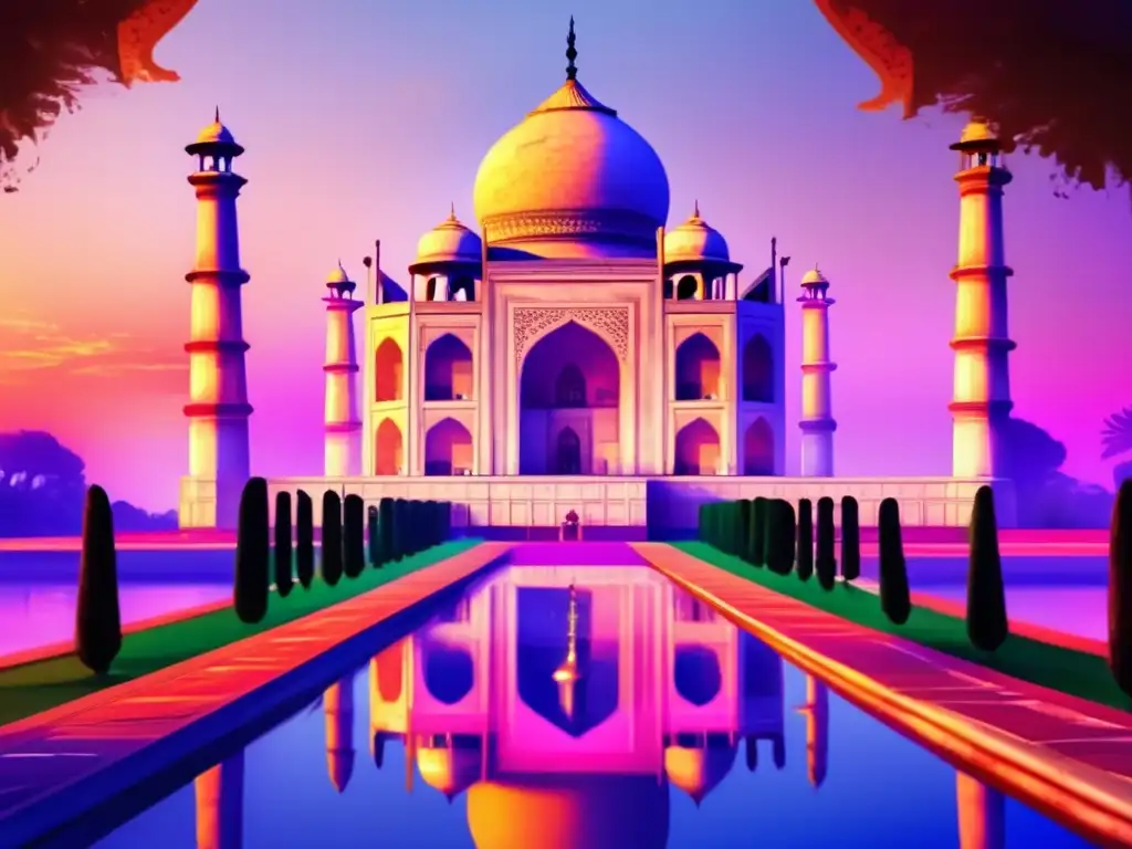 Deslumbrante pintura digital del Taj Mahal al amanecer Al amanecer, el Taj Mahal se ilumina con tonos rosados y anaranjados, reflejando su belleza en el agua