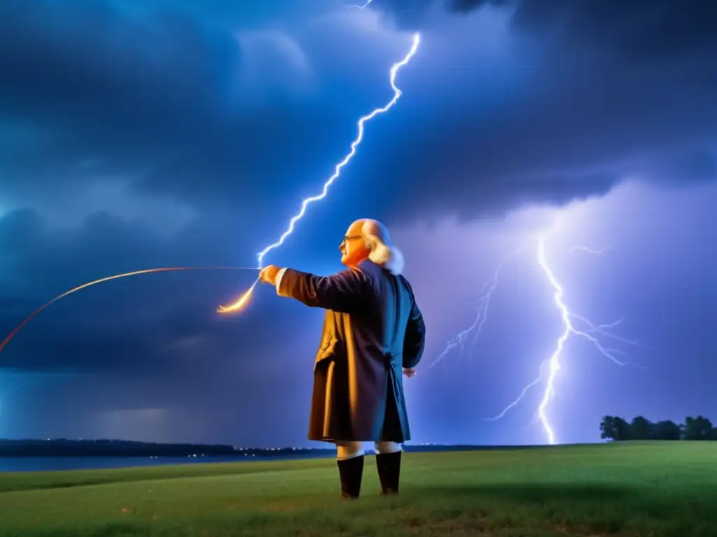 Durante una tormenta, Benjamin Franklin realiza su famoso experimento con cometa, desafiando al cielo con valentía y determinación