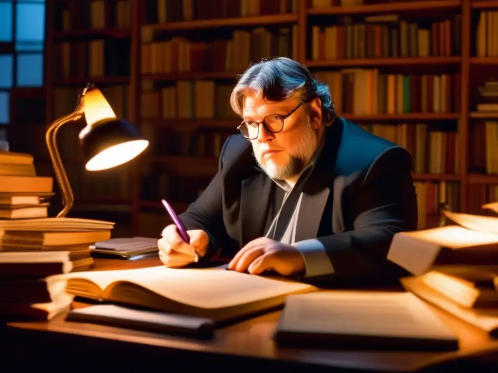 Biografía de Guillermo del Toro cineasta escribiendo ideas en una habitación llena de libros y bocetos, mostrando su pasión creativa