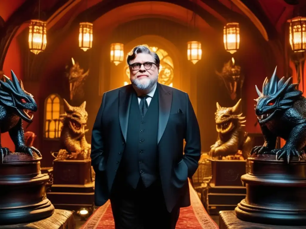 Guillermo del Toro dirige con pasión en un set de película, rodeado de monstruos detallados