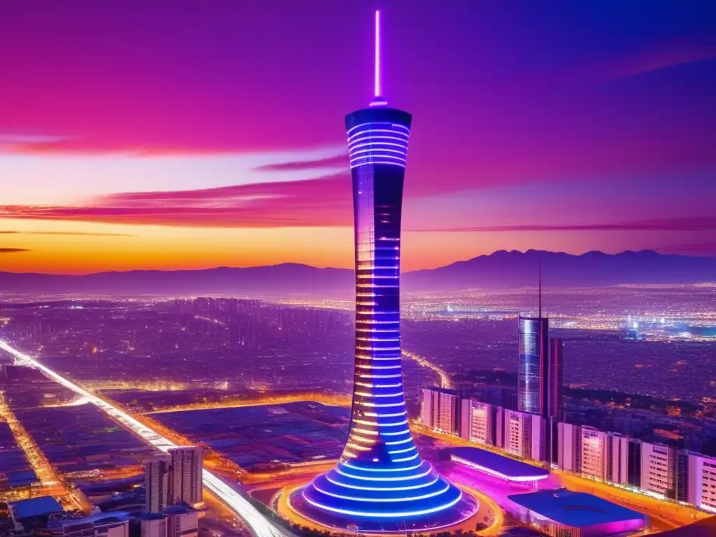 Una torre de telecomunicaciones futurista destaca en el vibrante paisaje urbano, simbolizando la vanguardia tecnológica en México