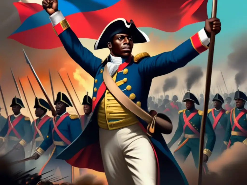 Toussaint Louverture lidera valientemente una carga en medio del caos de la Revolución Haitiana, ondeando una bandera desgarrada