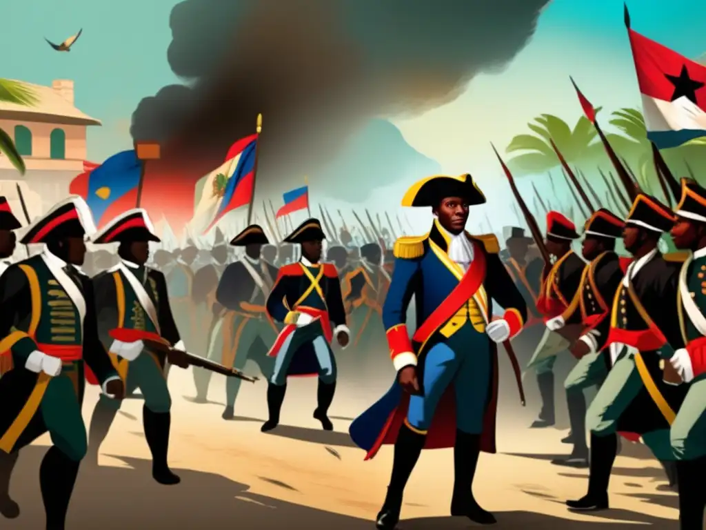 Toussaint Louverture lidera la revolución haitiana con determinación y fuerza, en una ilustración moderna y vibrante