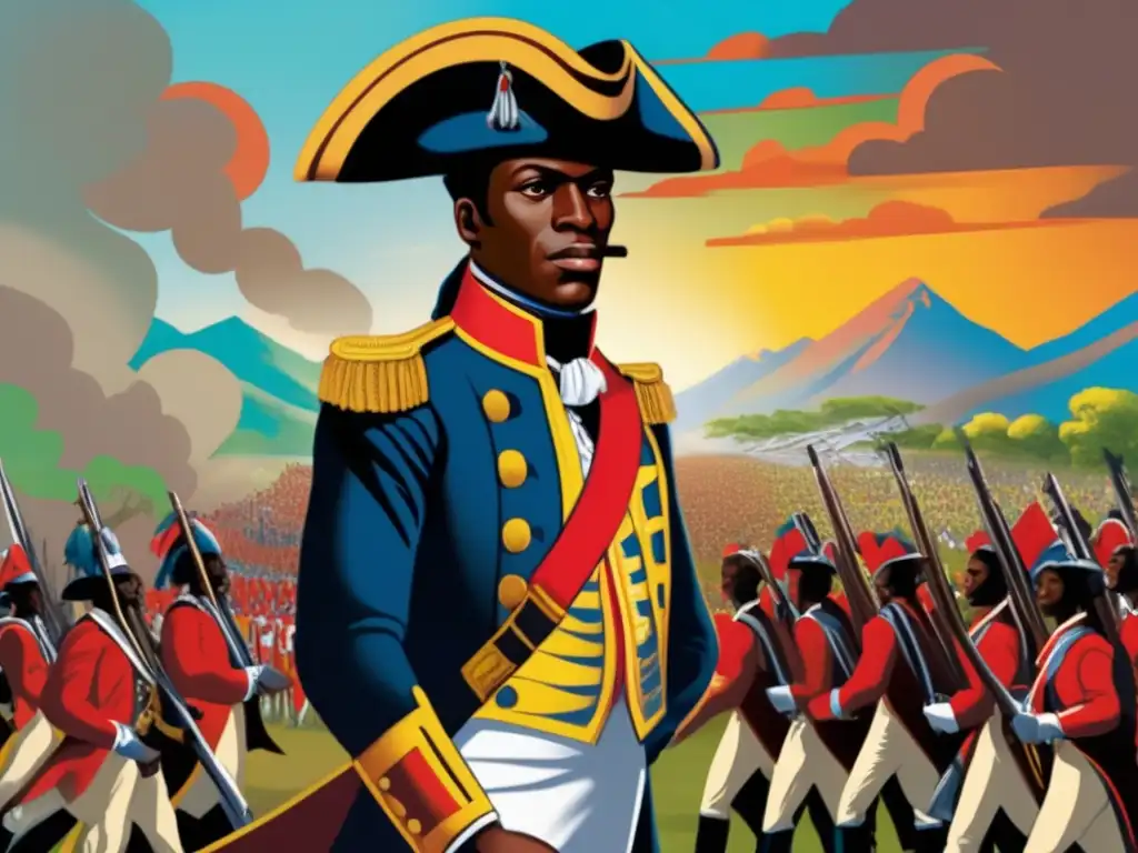 Toussaint Louverture lidera la Revolución Haitiana con determinación y fuerza, rodeado de revolucionarios armados y un paisaje vibrante
