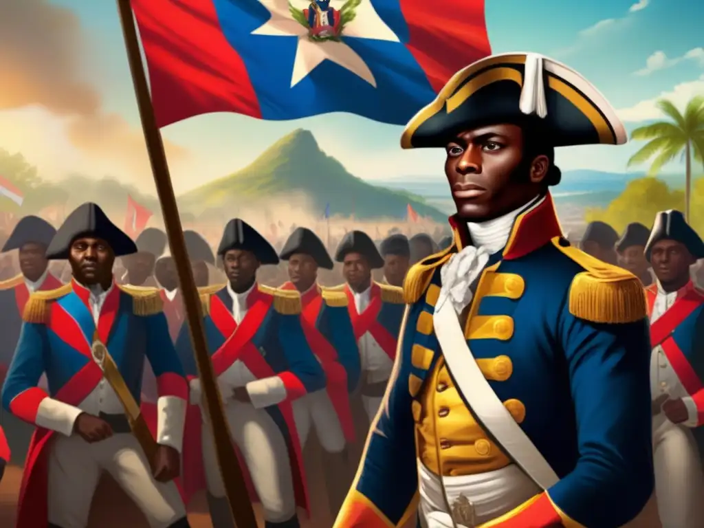 Toussaint Louverture lidera la Revolución Haitiana con mirada desafiante, rodeado de combatientes y la bandera haitiana ondeando