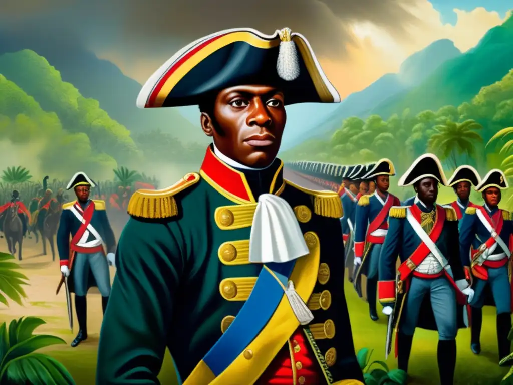 Toussaint Louverture lidera una revolución en las montañas de Haití, con expresión determinada y puño en alto
