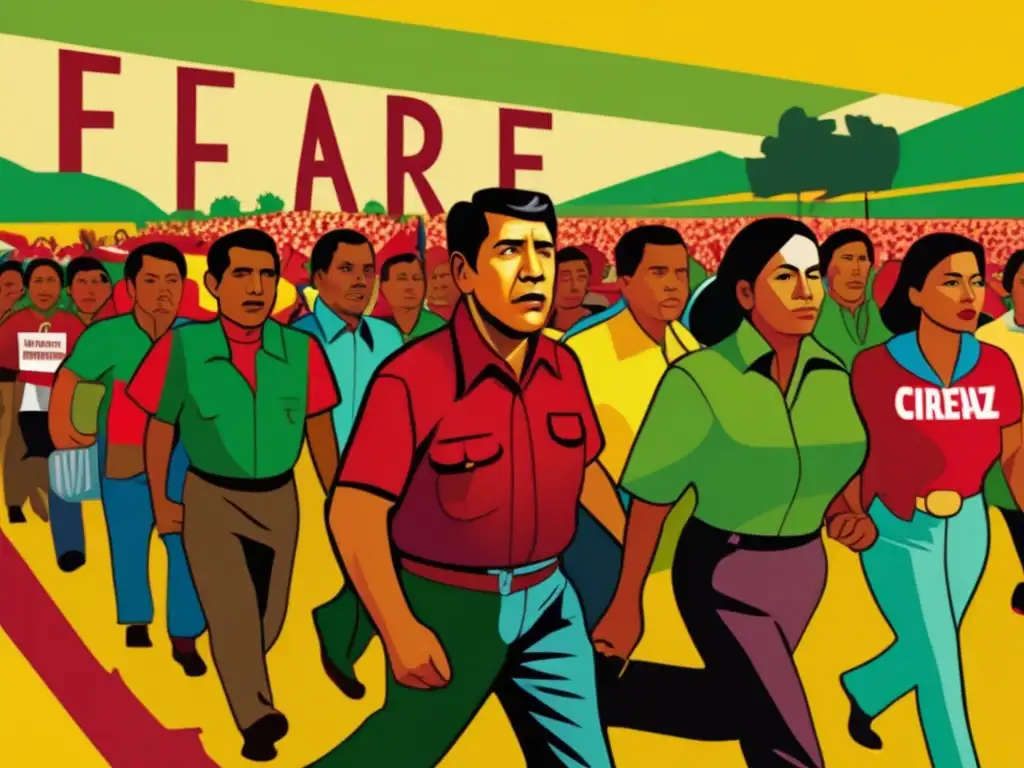 César Chávez lidera a trabajadores agrícolas en una marcha de protesta, exudando unidad y determinación