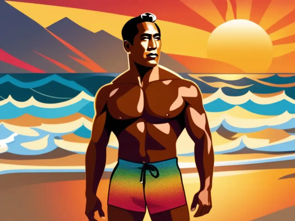Duke Kahanamoku, con traje de baño clásico, mira al mar al atardecer, exudando fuerza y determinación