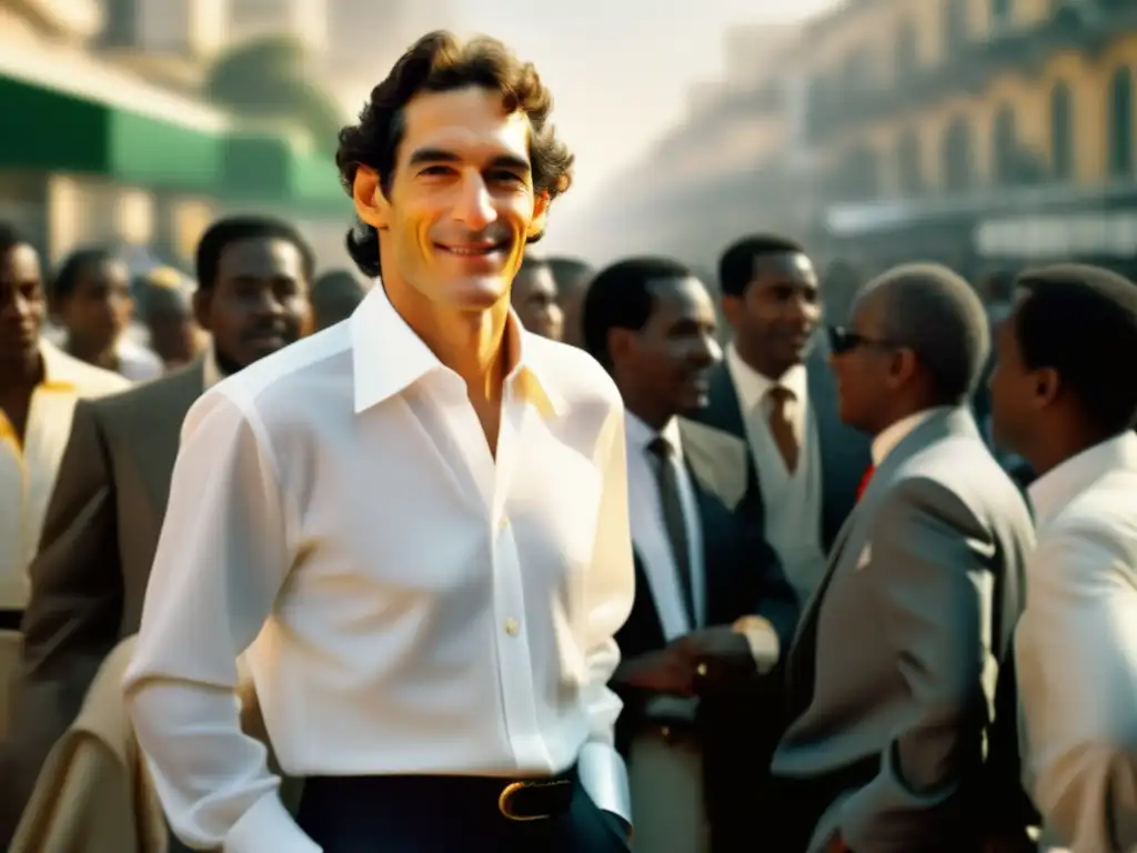 Ayrton Senna en traje blanco con diversa gente, legado más allá de Fórmula 1
