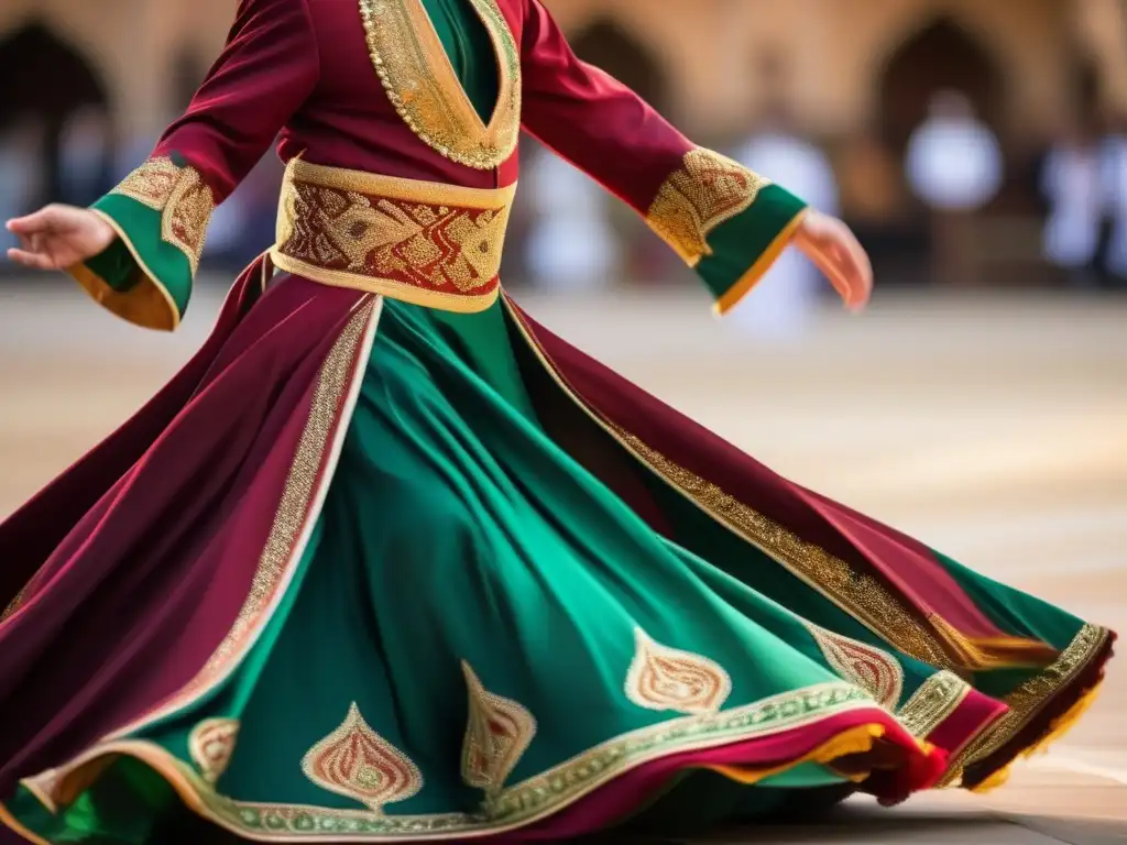Un traje de derviche giratorio Sufi ricamente detallado en rojo, dorado y verde esmeralda, capturando el legado espiritual del poeta Rumi