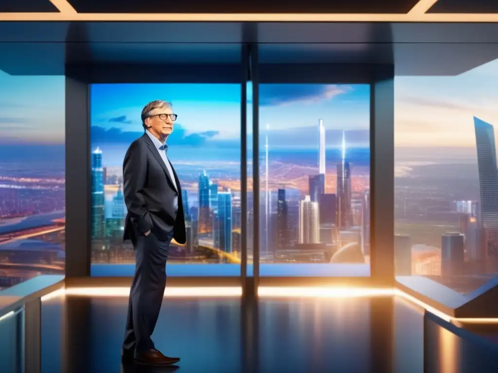 Bill Gates, con traje elegante, frente a pantalla futurista