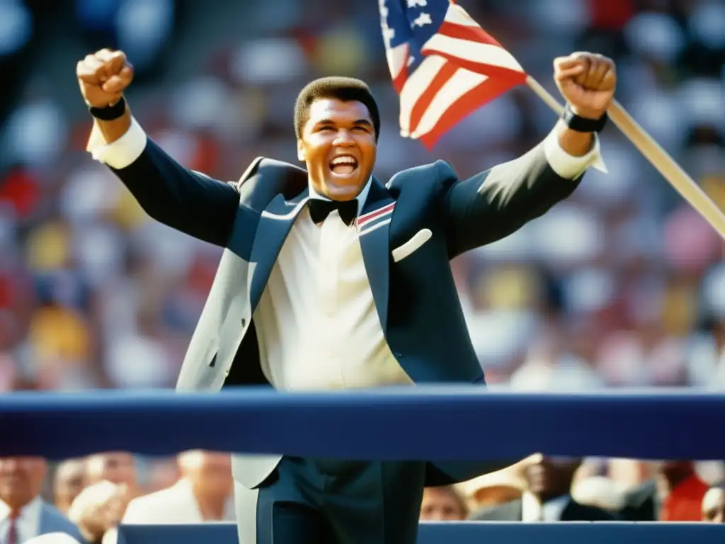 Muhammad Ali en traje elegante, puño en alto, en la ceremonia de apertura de los Juegos Olímpicos de Atlanta 1996, rodeado de multitudes y banderas