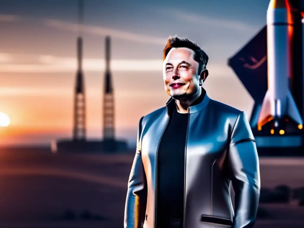 Elon Musk, con traje espacial, ante un cohete SpaceX al atardecer