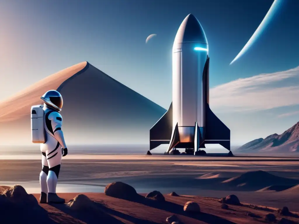 Elon Musk en su traje espacial, frente a un cohete SpaceX, proyectando determinación y ambición