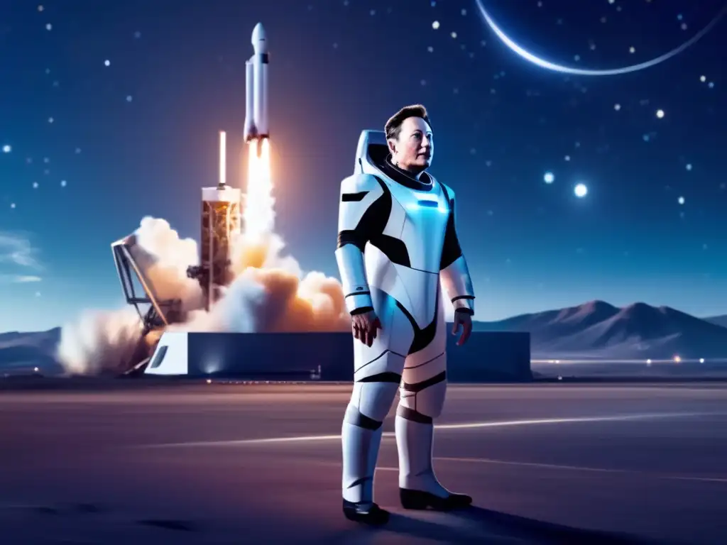 Elon Musk en traje espacial junto a un cohete iluminado, en un escenario futurista