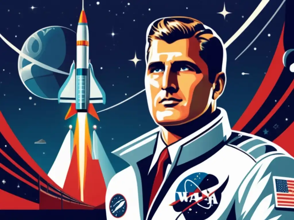 Wernher von Braun en traje espacial junto a un cohete y estación espacial futurista