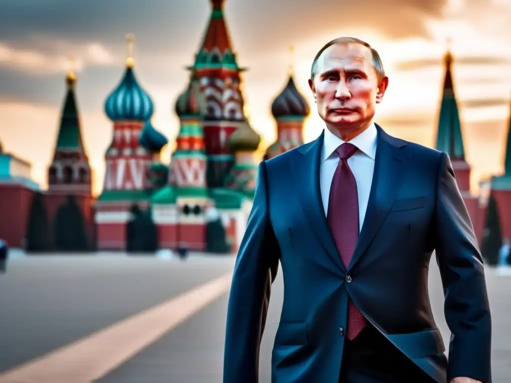 Vladimir Putin, con traje, frente al Kremlin, proyectando poder