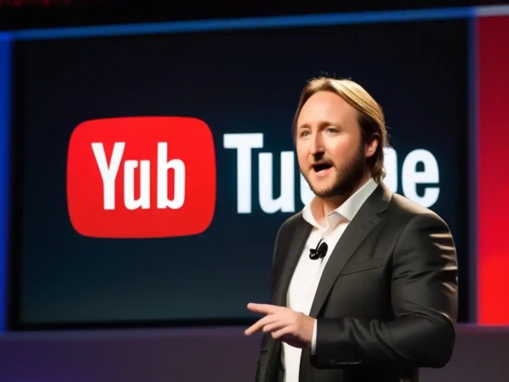 Chad Hurley presenta la revolución YouTube con su traje moderno, gesto confiado y la pantalla del logo