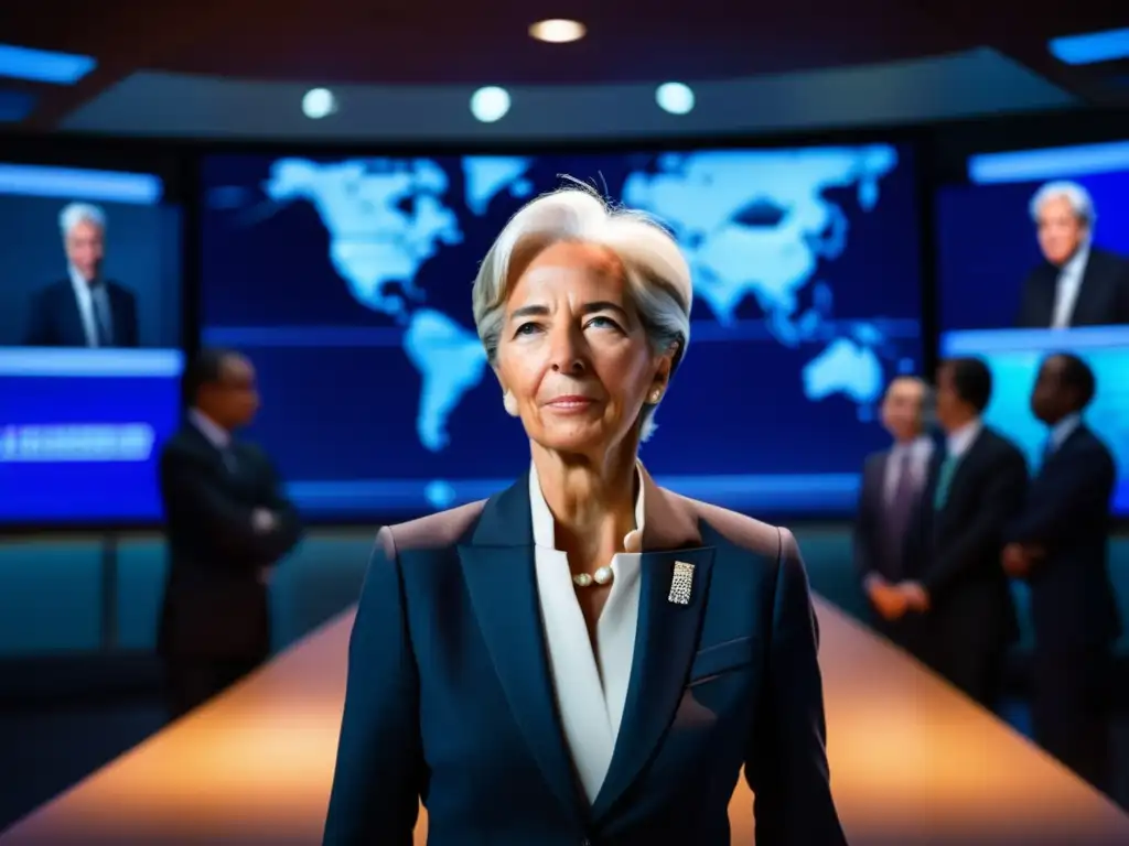 Christine Lagarde, en traje moderno, lidera con determinación en una sala futurista con datos económicos, proyectando confianza