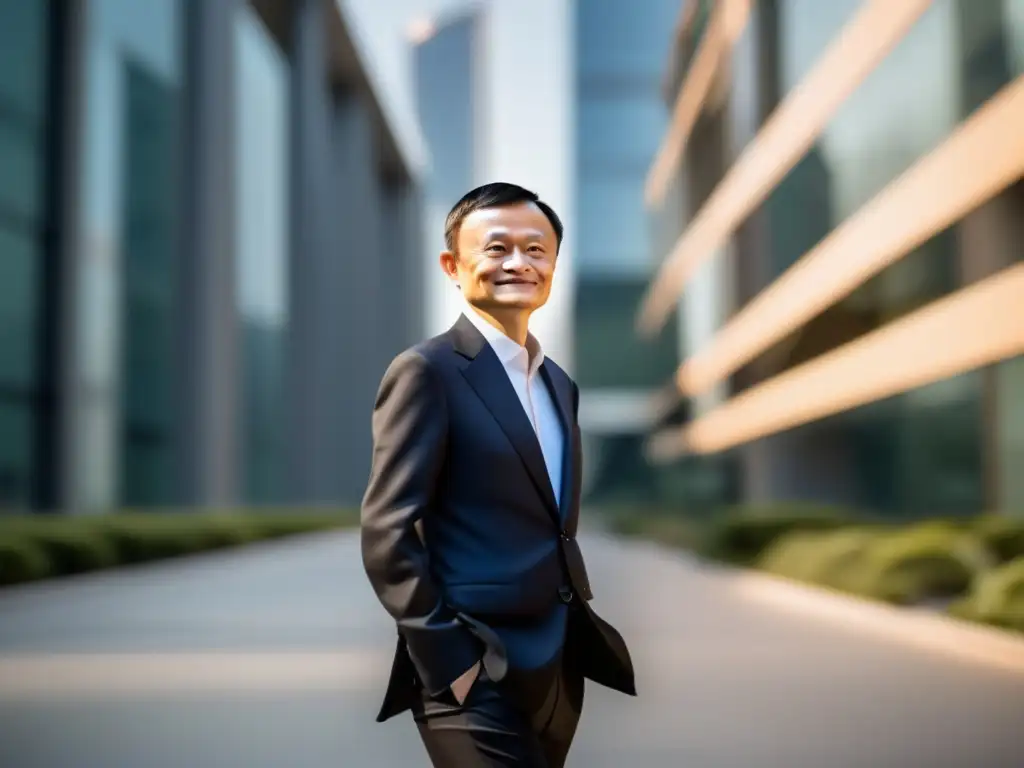 Jack Ma, con traje de negocios, frente a la sede de Alibaba