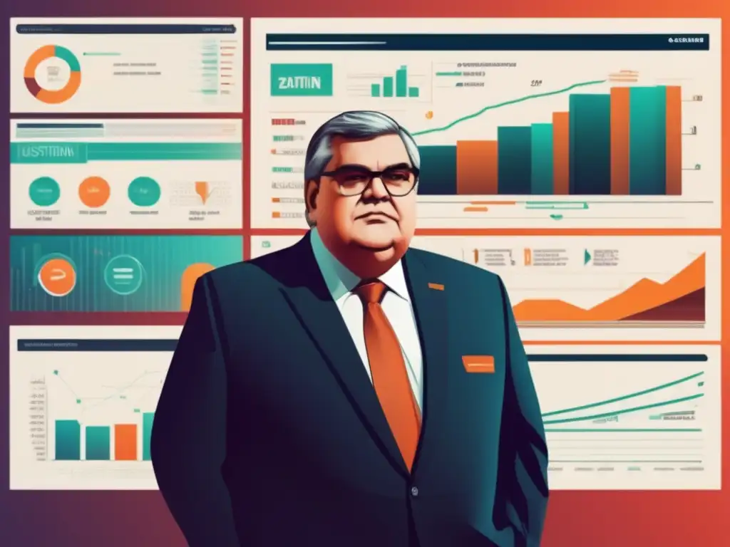 Agustín Carstens en traje, rodeado de gráficos financieros, proyecta autoridad y confianza