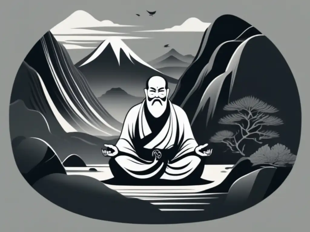 En la tranquila ilustración, Bodhidharma medita en una cueva, emanando sabiduría y serenidad