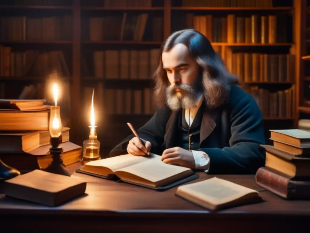 En la tranquila penumbra de su estudio, el joven Dimitri Mendeleev se sumerge en la escritura, rodeado de libros y equipamiento científico