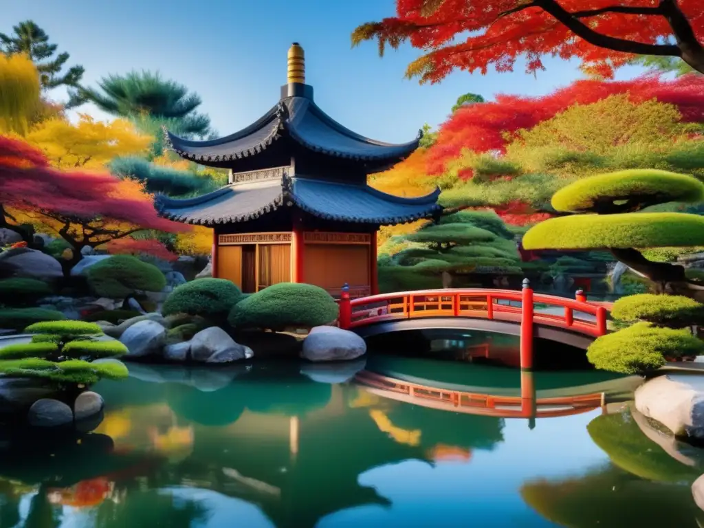 Un tranquilo jardín chino con pagoda, bonsáis, estanque de kois y follaje otoñal, invita a reflexionar sobre la sabiduría de Confucio en la naturaleza
