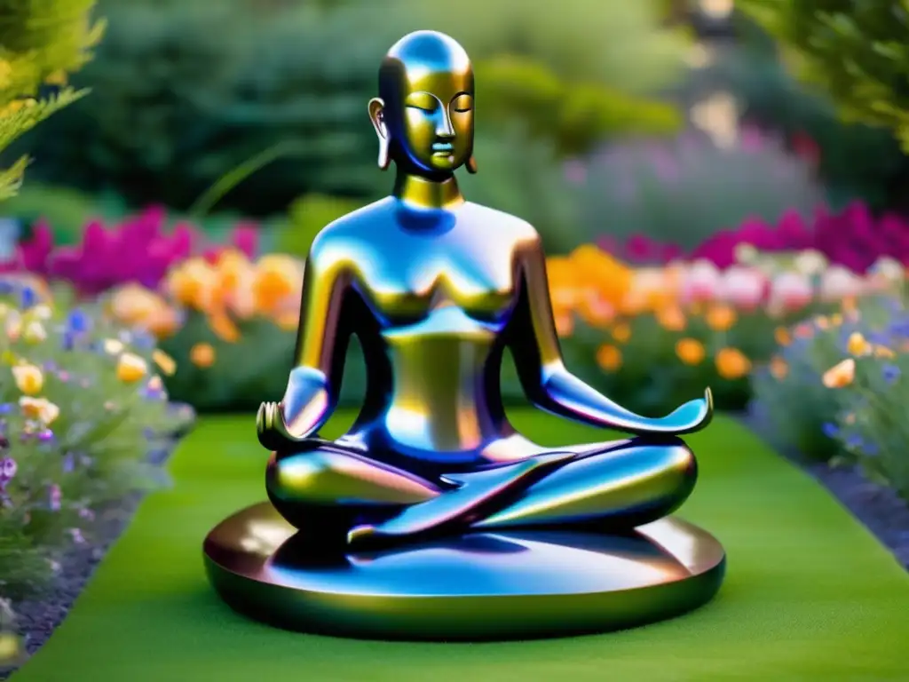 En el tranquilo jardín, una escultura metálica de un guerrero meditando se destaca entre flores vibrantes