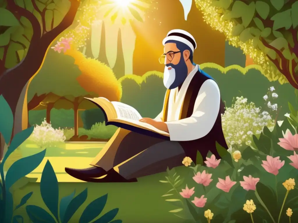 Serenidad en el jardín: Rabbi Akiva inmerso en el estudio de la Torá En un tranquilo jardín, Rabí Akiva estudia la Torah entre exuberante vegetación y flores