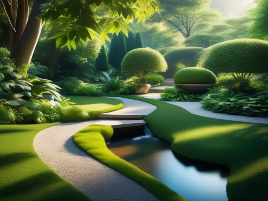 Una representación 8K de un jardín tranquilo con vegetación exuberante, un sendero serpenteante y un arroyo fluyendo suavemente