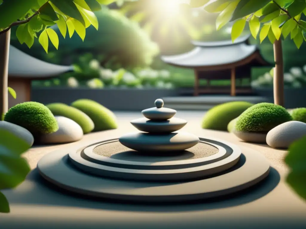 Un jardín Zen tranquilo y minimalista, con grava blanca meticulosamente rastrillada y una atmósfera de serenidad