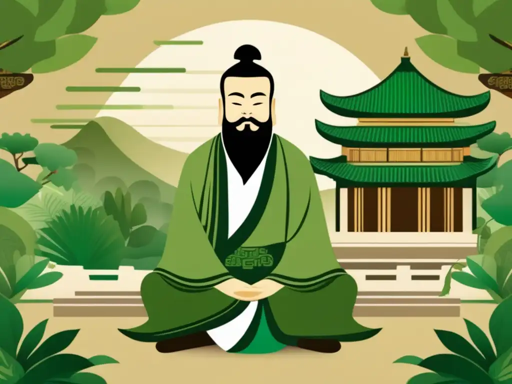 Un tranquilo y moderno ilustración digital de Confucio en profunda contemplación, rodeado de exuberante vegetación y arquitectura china antigua