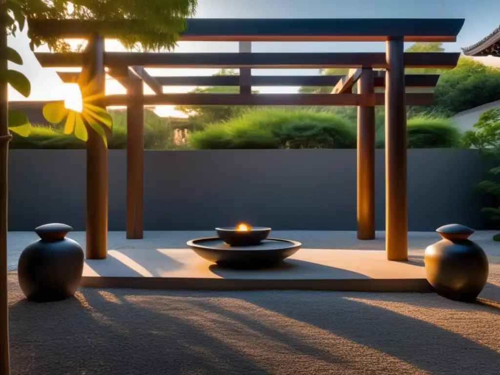 Un jardín tranquilo y moderno de esculturas y pérgola de madera, bañado por la cálida luz del atardecer, captura la esencia del Confucianismo