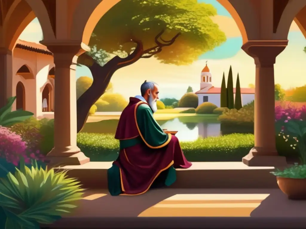 Profunda contemplación de San Agustín en jardín monástico - Arte Digital En el tranquilo jardín del monasterio, Agustín de Hipona reflexiona en esta moderna pintura digital de alta resolución