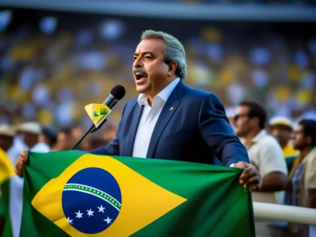 José Sarney liderando la transición brasileña con un discurso poderoso, rodeado de seguidores y la bandera de Brasil ondeando