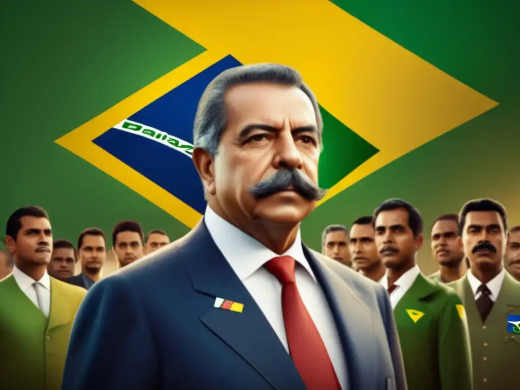 José Sarney liderando la transición brasileña, rodeado de diversidad y determinación, frente a la bandera de Brasil
