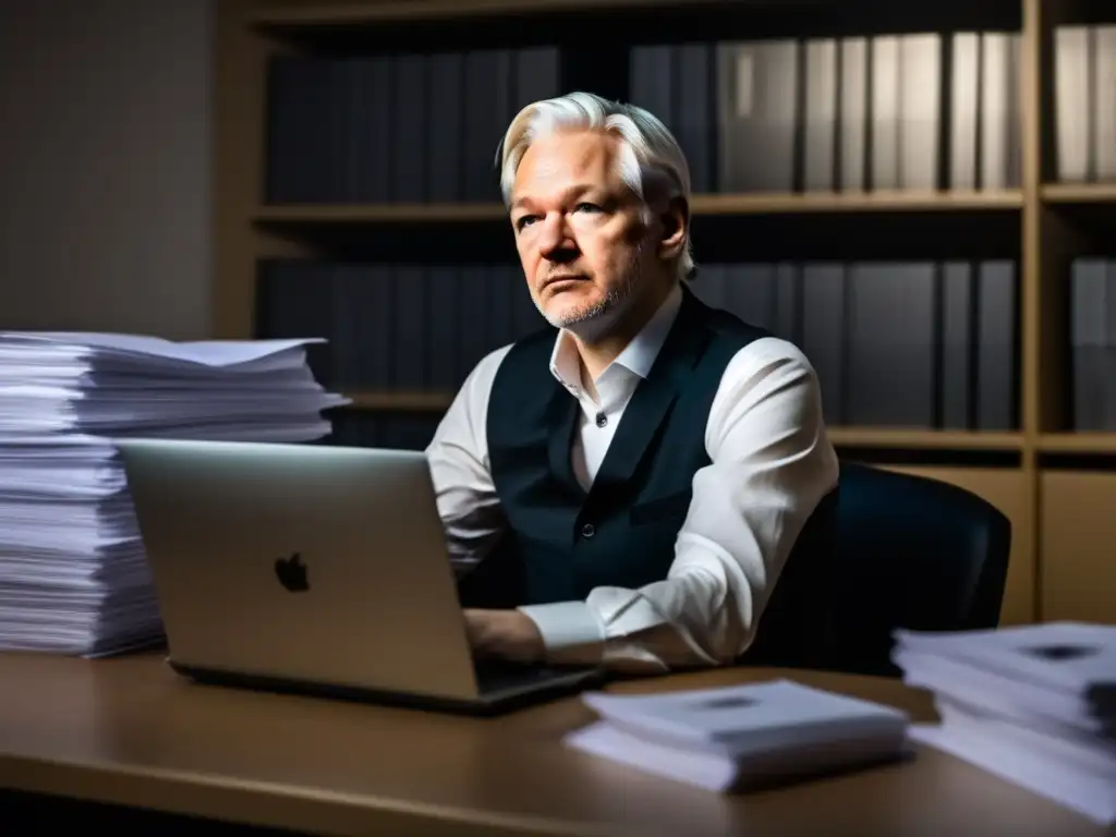 Julian Assange concentra transparencia en era digital, rodeado de documentos y discos duros, con determinación