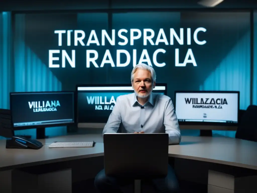 Julian Assange destaca la transparencia radical en la era digital, rodeado de monitores en una oficina moderna y elegante