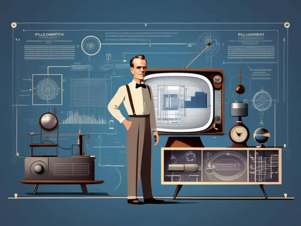 A través de una ilustración digital moderna de alta resolución, Philo Farnsworth se presenta como un inventor visionario, inmerso en su revolucionario concepto de televisión