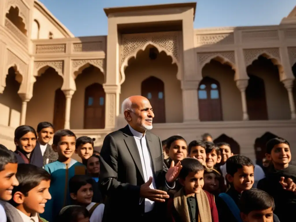 A través de la imagen, se ve a Ashraf Ghani en Kabul, vistiendo un atuendo tradicional, hablando con entusiasmo a estudiantes