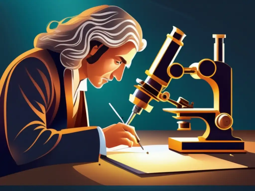 A través de un microscopio potente, Antonie van Leeuwenhoek hace descubrimientos científicos