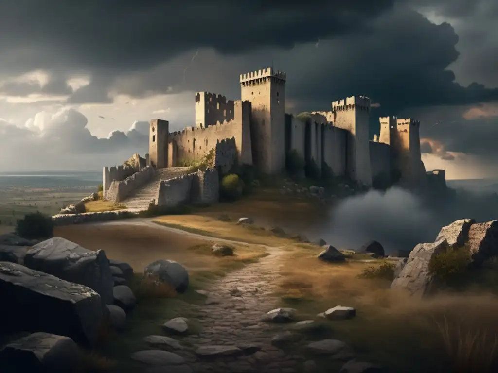 A través de un paisaje desolado, se vislumbran las ruinas del Reino Visigodo en esta pintura digital detallada en 8k
