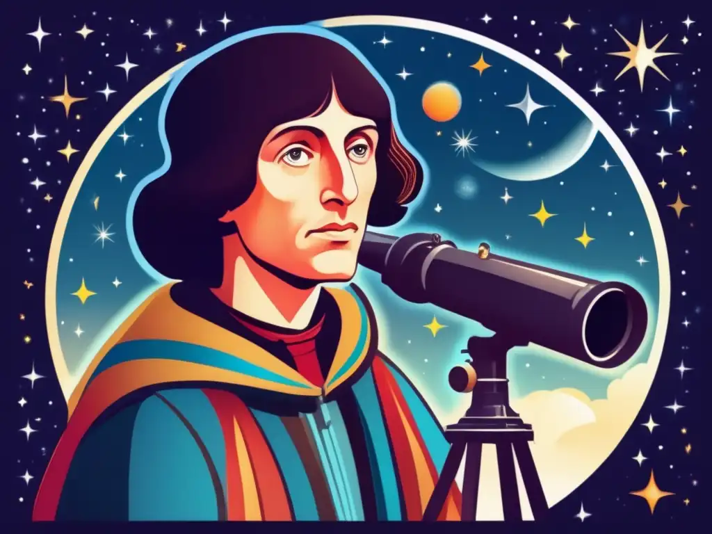 A través de un telescopio, Copérnico estudia el cielo estrellado en una obra de arte digital de alta resolución