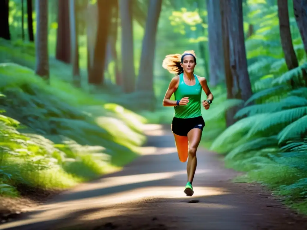 Corriendo a través de un vibrante bosque, Joan Benoit refleja su dedicación a correr y perseguir sus sueños