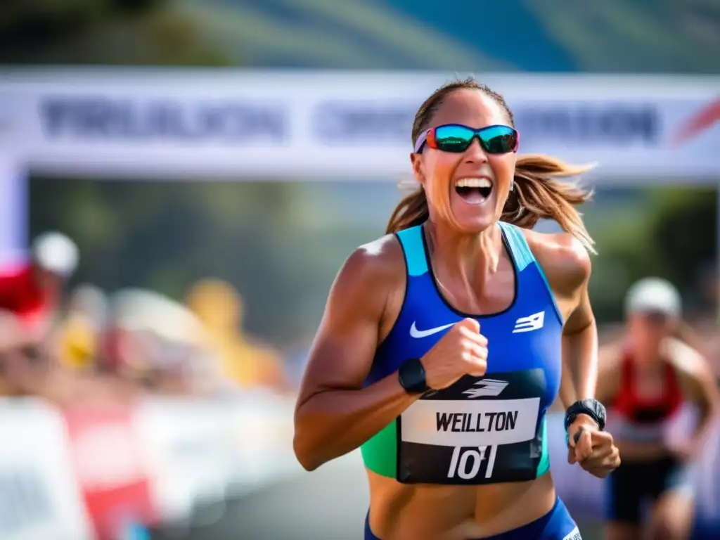 Triatleta Chrissie Wellington cruzando la meta con influencia en el triatlón